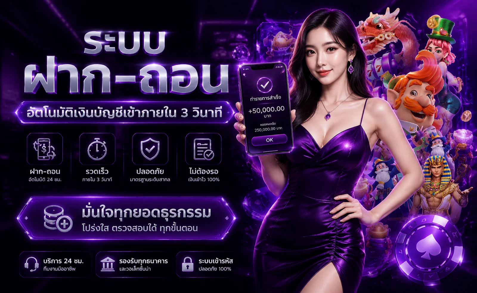 ระบบฝากถอนออโต้ ULUCKYPLUS ทำรายการภายใน 30 วินาที 24 ชั่วโมง